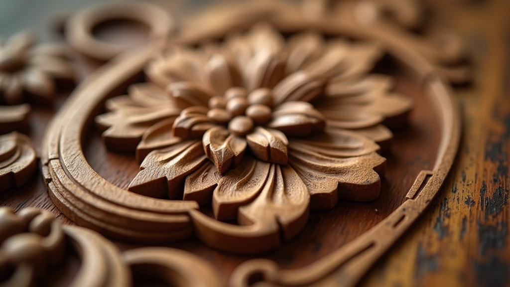 Blízký záběr na složitě řezbovaný dřevěný ornament s detailními prvky